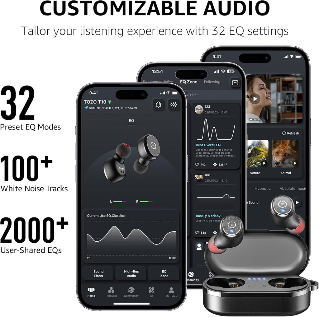 TOZO T10 Wireless Earbuds Bluetooth 5.3 Headphones, App Customize EQ, Ergonomic Design, 55H Playtime, Wireless Charging Case, IPX8 Waterproof Sound in-Ear Headset, New Version