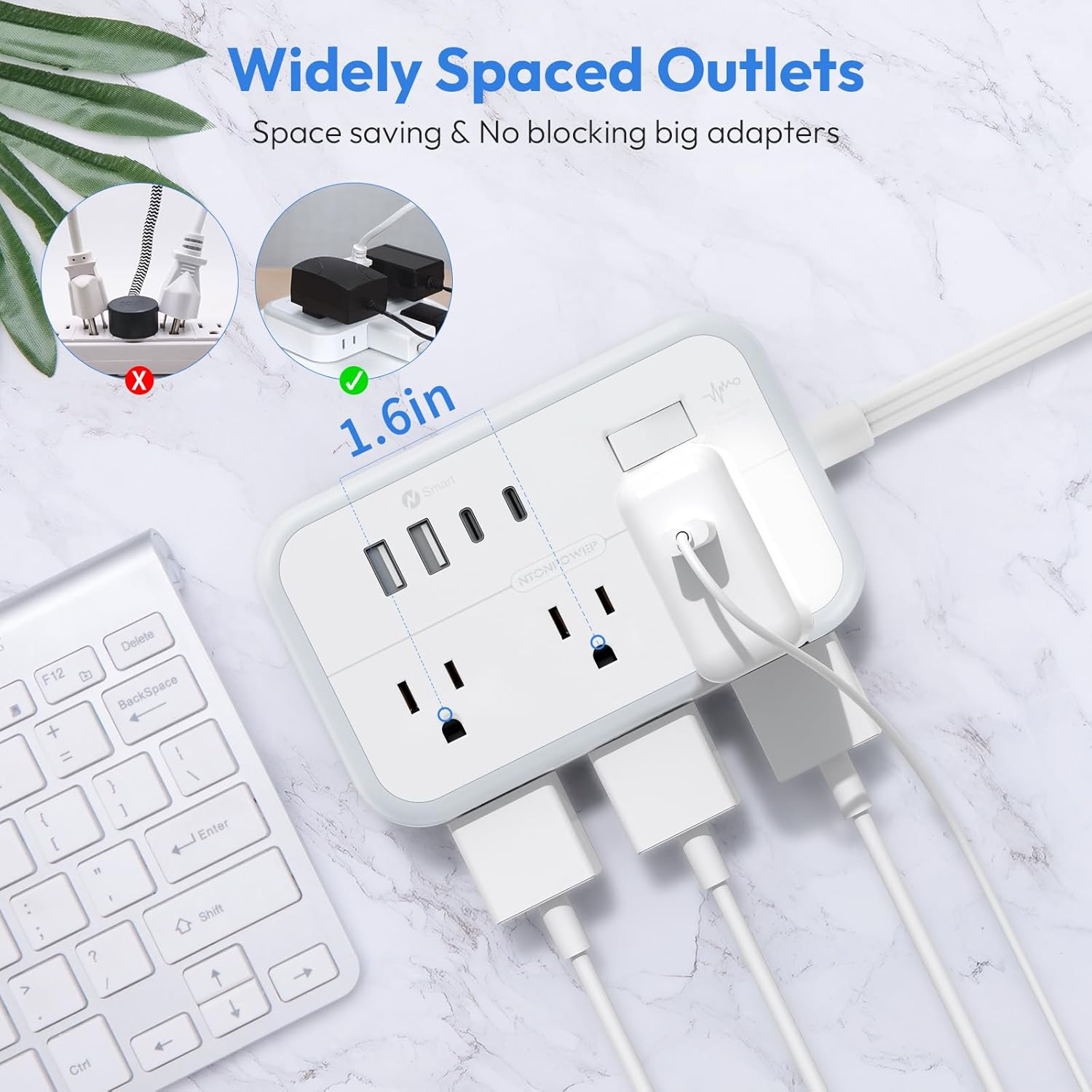 Extension Cord 15 ft, Power Strip with 6 Outlets 4 USB Charger(2 USB C Port), Flat Plug Outlet Extender Long Cord, Protection for Indoor, Home, Office Supplies, Dorm Room Essentials