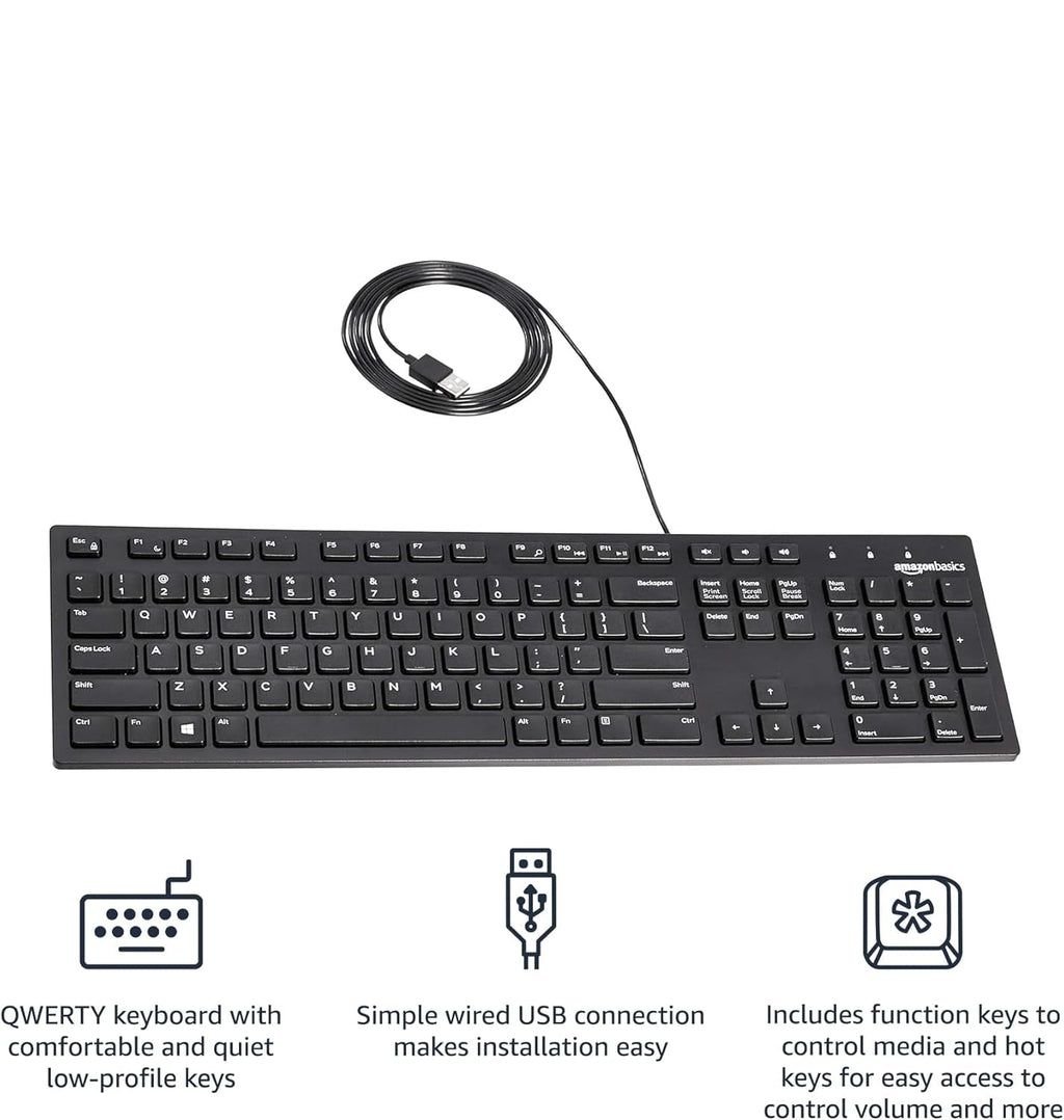 Wired QWERTY Keyboard, Full-Sized, Black