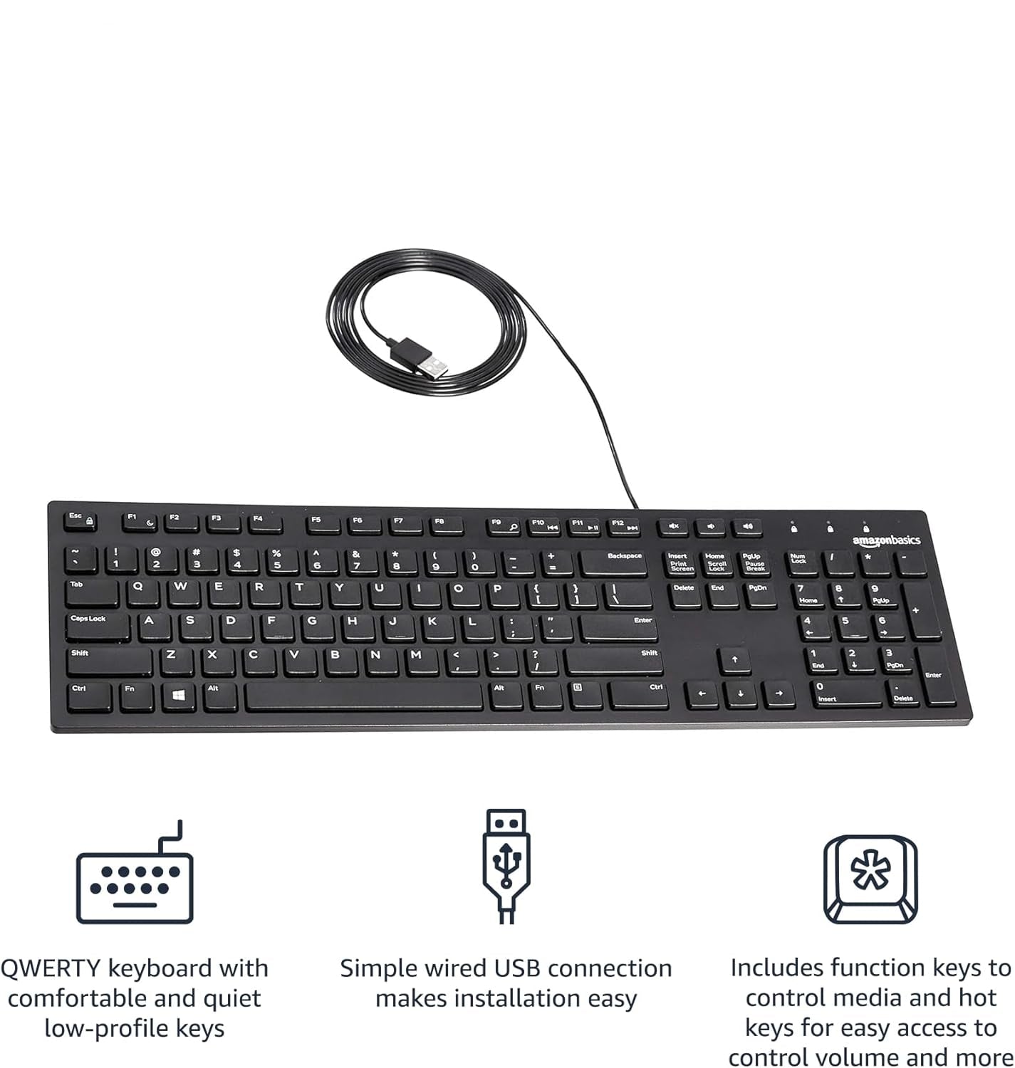 Wired QWERTY Keyboard, Full-Sized, Black