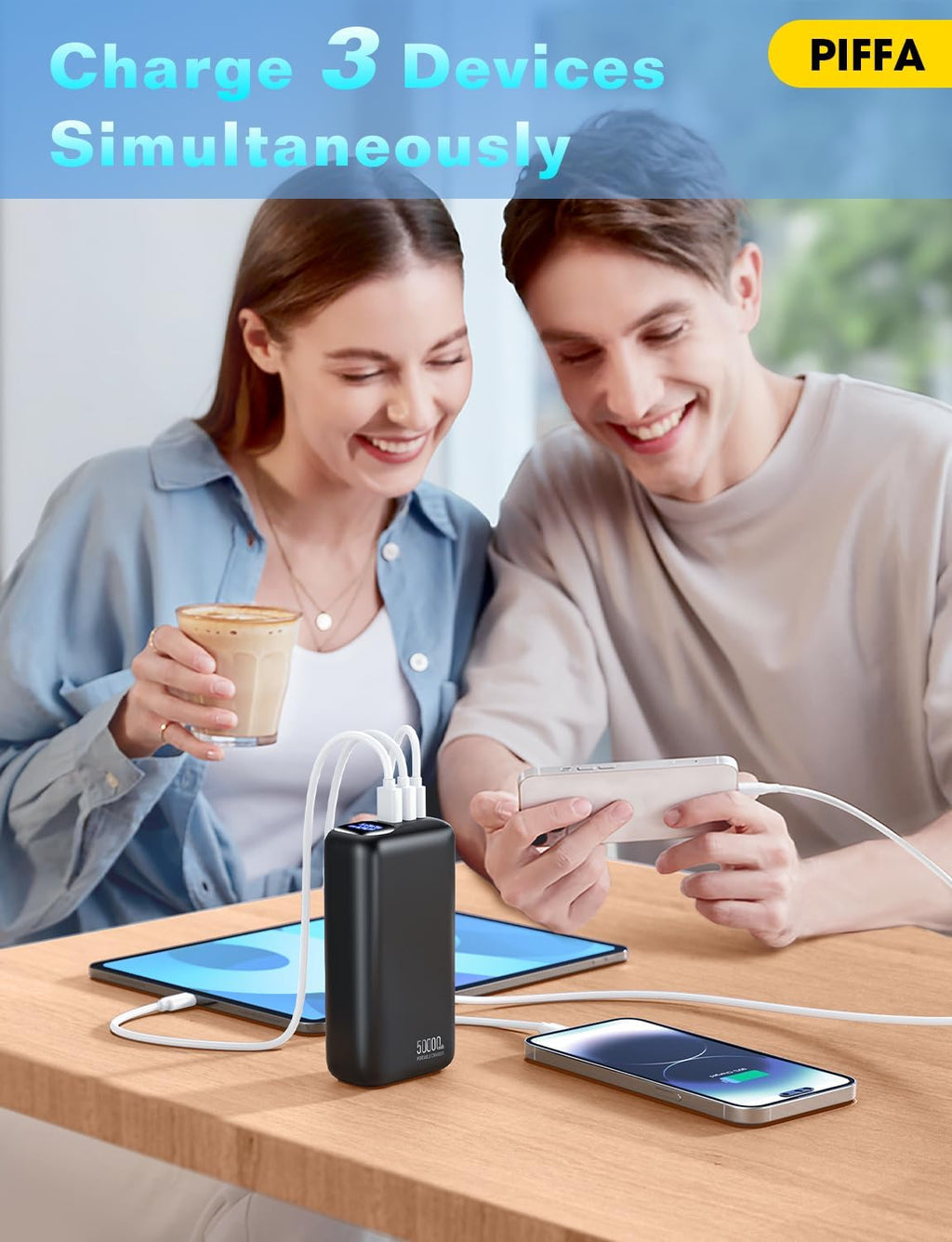PIFFA Portable Charger Power Bank - 50000mAh Battery Pack, 22.5W Fast Charging Powerbank,Travel Essential for Portable Phone Charger, USB-C Phone Charger for iPhone 17/16/15/14/13 Samsung Google etc