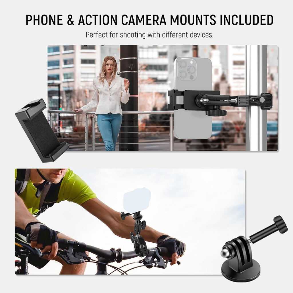 NEEWER Super Clamp with 3" Dual Ballhead Magic Arm, Cold Shoe, 1/4" Threads, Phone/Action Camera Mount Adapter for Desk Tripod Tube Crossbar Gimbal Rods Compatible with SmallRig GoPro DJI, ST83