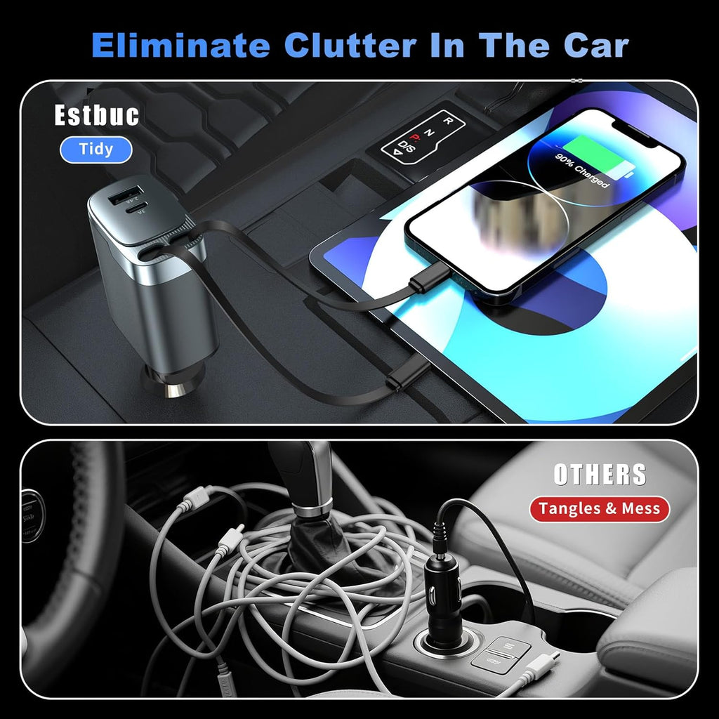 Retractable Car Charger, 84W Car Charger USB C 4 in 1, Car Accessories Fast Charging Car Charger Adapter for iPhone 17 16 15 14 13 12 Pro Max, Samsung, Pixel | Travel Essentials Gifts for Men Women