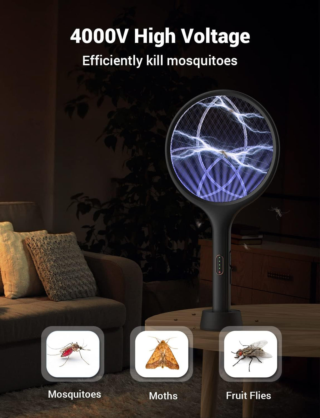 YISSVIC Electric Fly Swatter 4000V Bug Zapper Racket Dual Modes Mosquito Killer with Purple Mosquito Light Rechargeable for Indoor Home Office Backyard Patio Camping (Black-1 Pack)