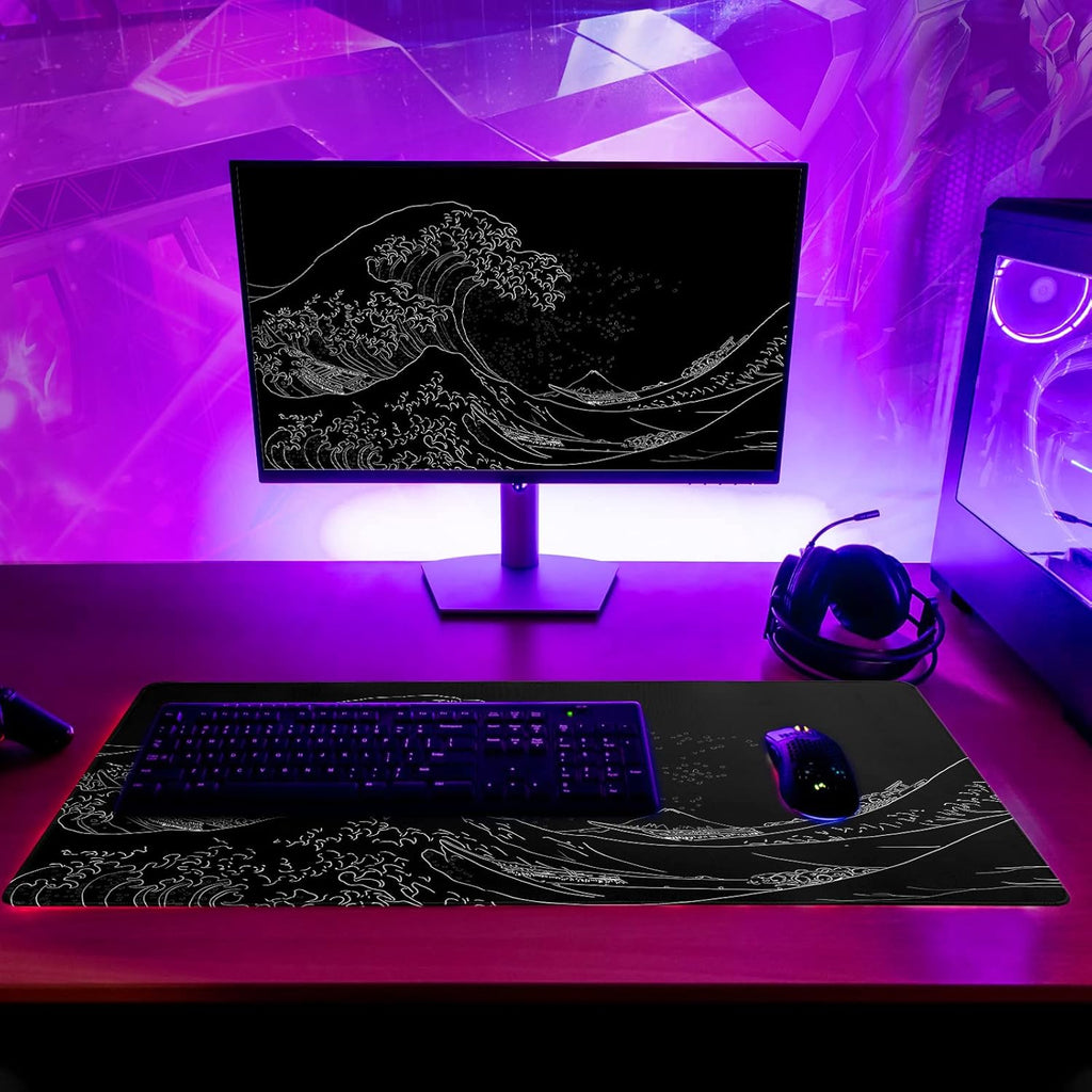 Japanese Sea Wave Large Mouse Pad, Anime Black Gaming, Extended Kanagawa Mat Desk Pad, 3mm Thick Long Non-Slip Rubber Base Mice Pad, 31.5 X 11.8 Inch