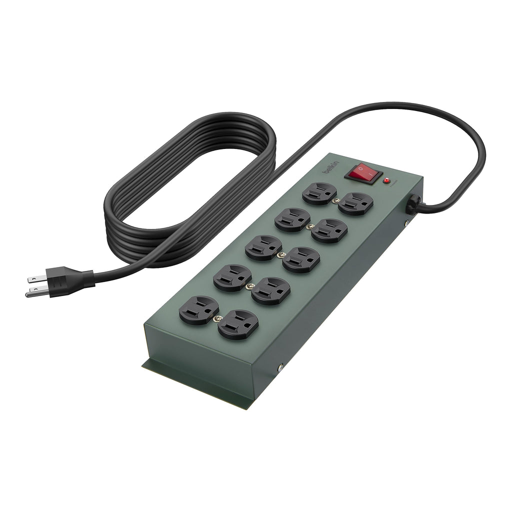 Belkin Power Strip Surge Protector - 10 AC Outlets, 15ft Heavy Duty Metal Extension Cord with Wall Mount Holes for Home, Office, Travel, Computer Desktop, Laptop & Phone Charging Brick