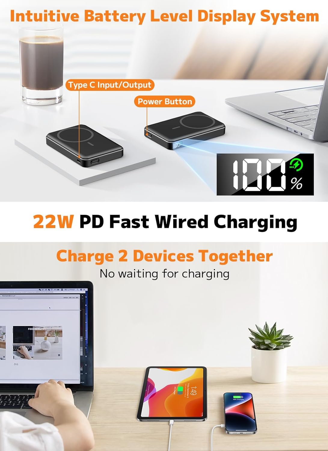 for Magsafe Portable Charger,10000mAh Power Bank with Type-C 20W PD Fast Charging, Lightweight and Slim, LED Display for Magsafe Battery Pack for iPhone 17/16/15/14 All Series, Black