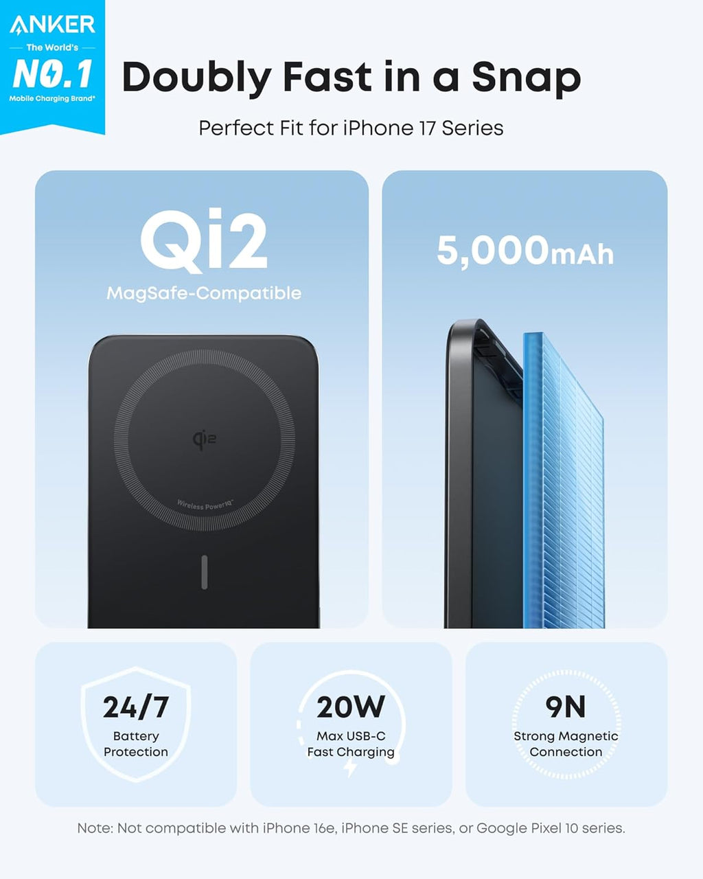 Anker Nano Power Bank, Ultra-Slim 5,000mAh Magnetic Wireless Charging Battery, Qi2 Certified 15W Max MagSafe-Compatible Portable Charger, Ergonomic Design, for iPhone Air/17/16 Series