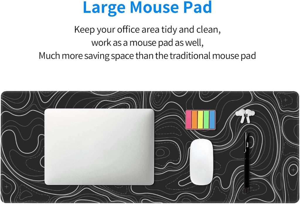 Large Gaming Mouse Pad Black Topographic Contour Mouse Pad Extended XL Long Mousepad Big Desk Mat with Stitched Edges & Nonslip Rubber Base for Company Office Work, 31.5 X 11.8 Inch