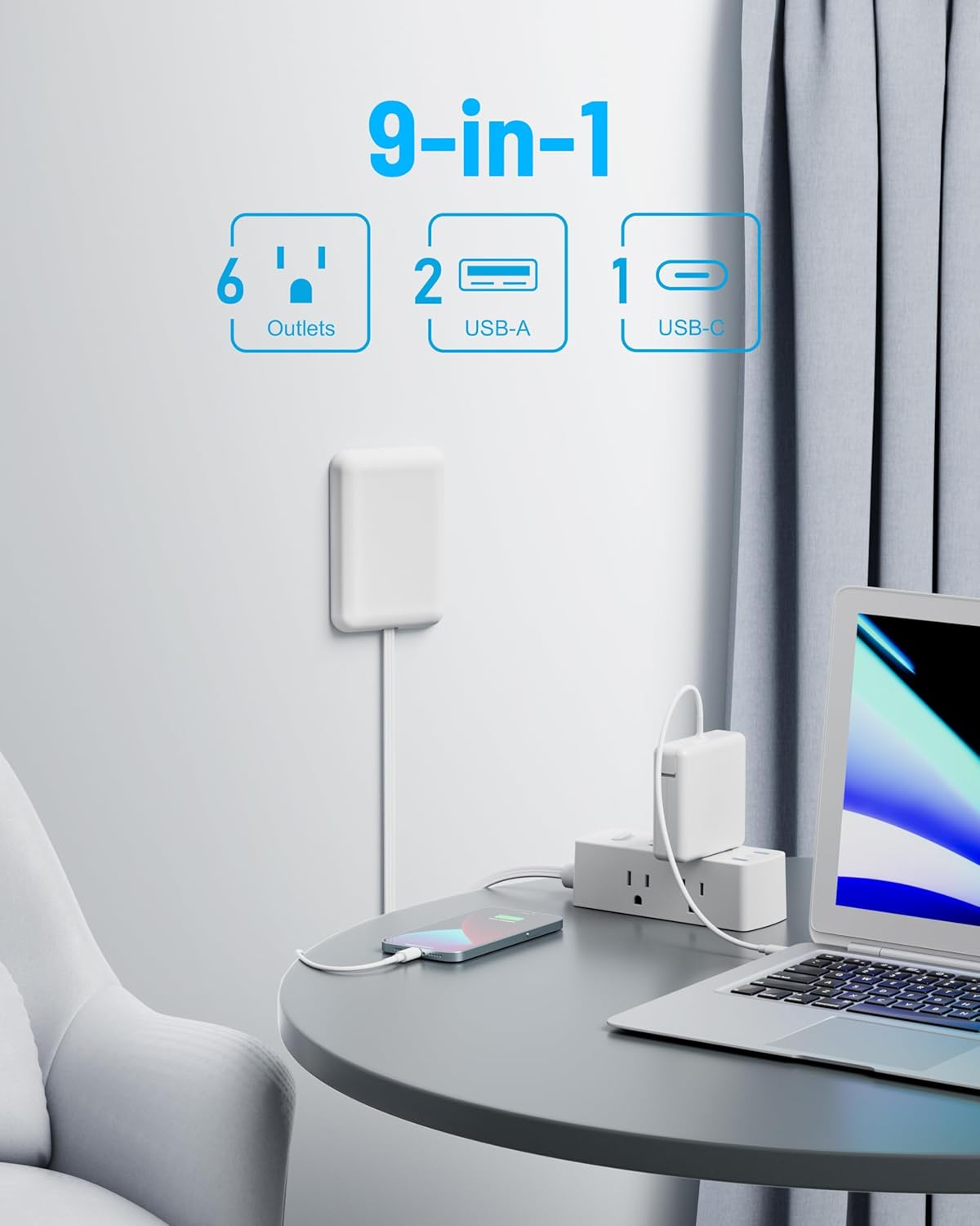 Flat Extension Cord with Outlet Cover, Flat Plug Power Strip with 6 Outlets and 3 USB Ports, 2000 Joules Surge Protector, 5 FT Cord Hidden Outlet Extender for Tight Spaces, White