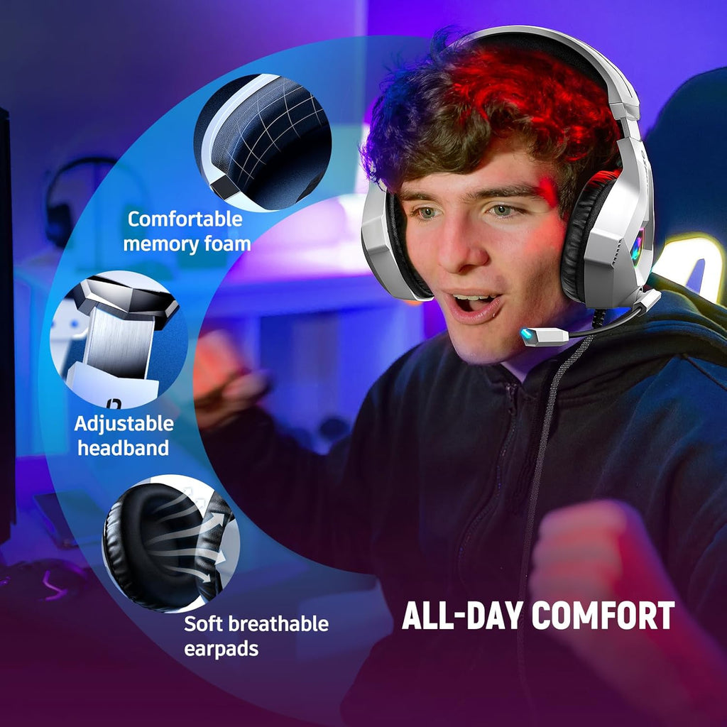 Ozeino Gaming Headset for PC, Ps4, Ps5, Xbox Headset with 7.1 Surround Sound Gaming Headphones with Noise Canceling Mic, LED Light Over Ear Headphones for Switch, Xbox Series X/S, Laptop, Mobile White