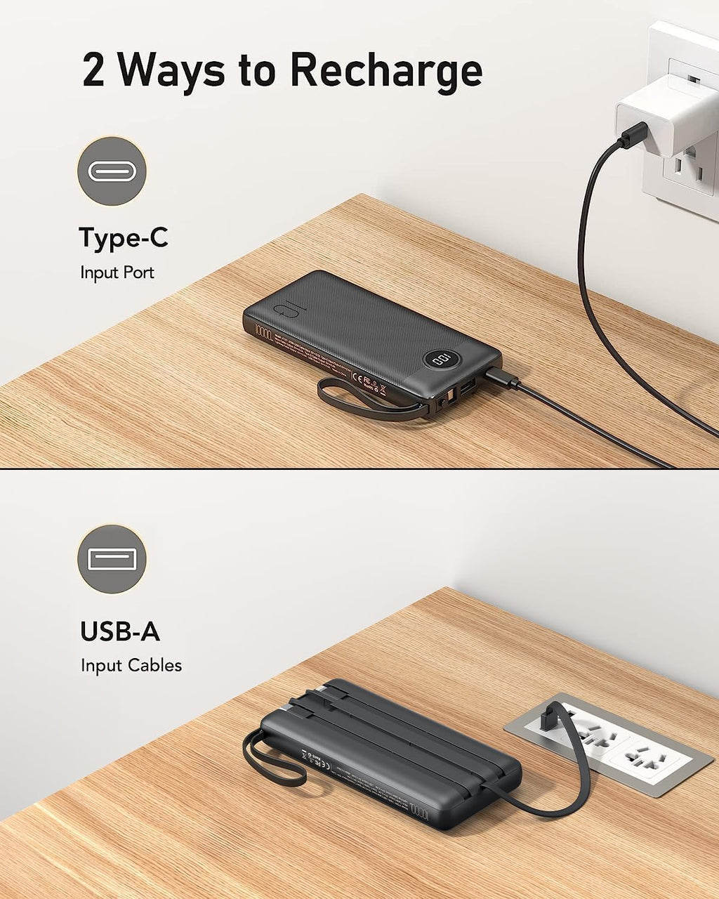 VEEKTOMX 10000mAh Portable Charger with Built-In Cables – Fast USB-C Power Bank for iPhone & Samsung