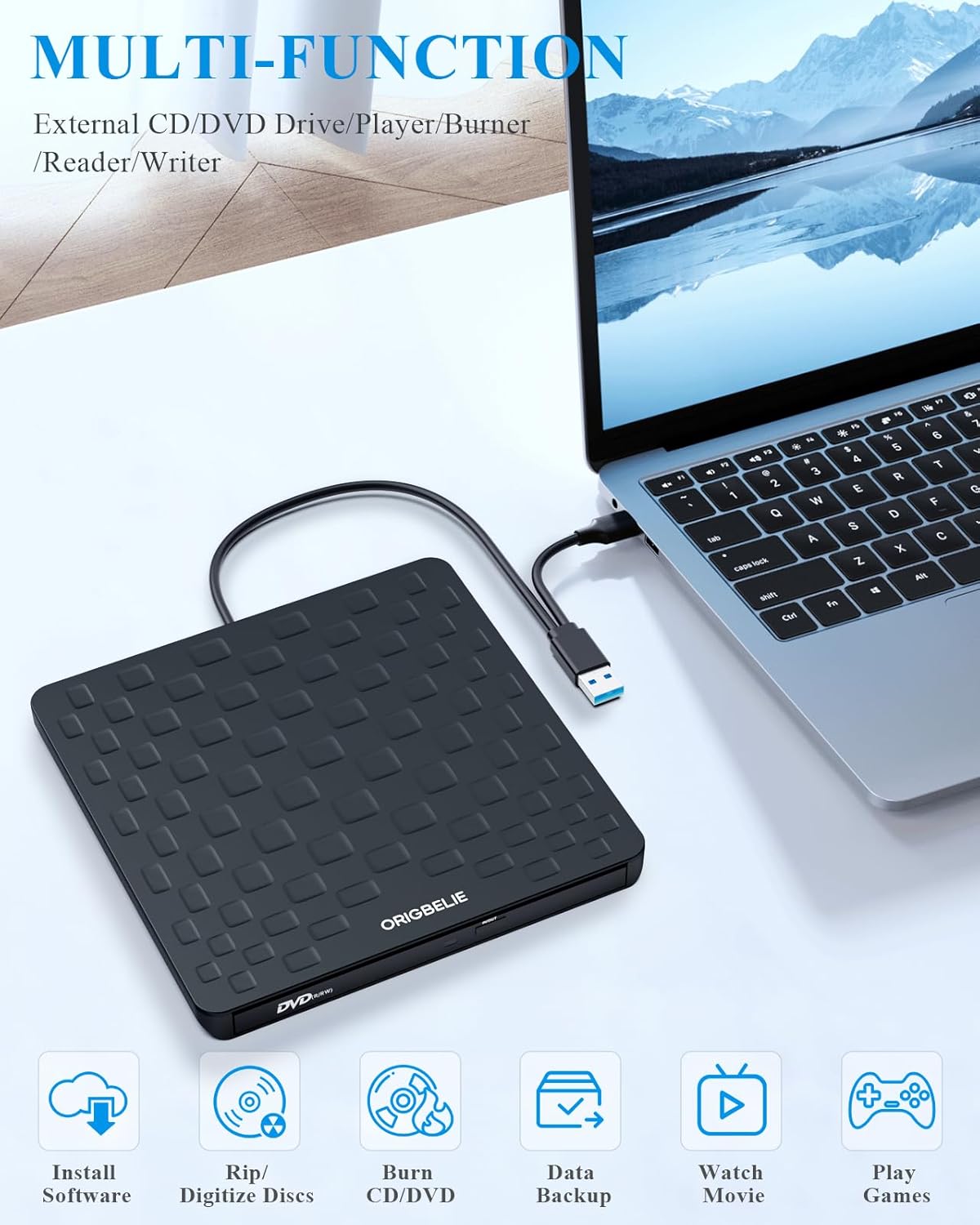ORIGBELIE External CD DVD Drive for Laptop, USB 3.0 Type-C Ultra Slim 13mm DVD Player Portable CD DVD +/-RW Drive CD Burner Reader Writer Recorder for Desktop PC Windows 11/10/8/7 Linux Mac OS (Black)