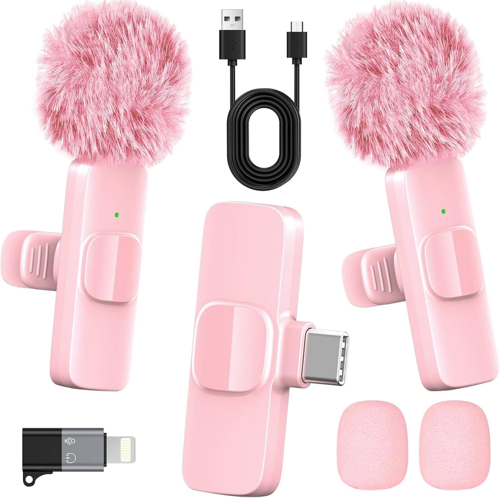 HONGJIEYUAN Pink Wireless Lavalier Microphone for iPhone & Android - Mini Clip-On Mic with Noise Cancellation, 65ft Range, 8H Battery, USB-C/Lightning - for TikTok, YouTube, Podcast, Live Streaming