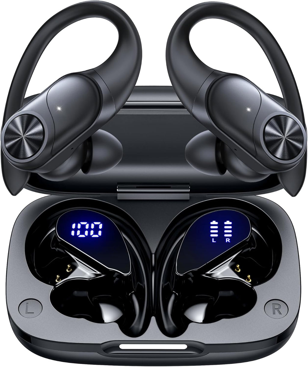PocBuds Bluetooth Headphones Wireless Earbuds 80hrs Playtime Wireless Charging Case Digital Display Sports Ear Buds with Earhook Deep Bass IPX7 Waterproof Over-Ear Earphones for TV Phone Laptop Black