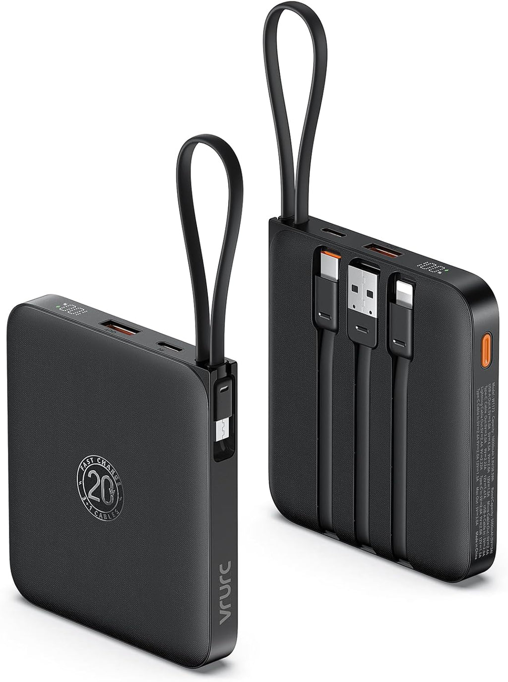 VRURC Portable Charger with Built-in Cable, 10000mAh 22.5W Fast Charging USB C Battery Pack, Cell Phone Power Bank for iPhone 17 16 15 Samsung Galaxy S25 S24 S23 Series Android Tablet, Black(1 Pack)