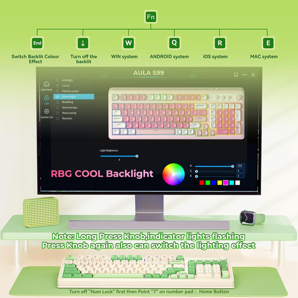AULA S99 Gaming Keyboard, Wireless Computer Keyboards, Tri-Mode Bluetooth/2.4GHz/USB-C Custom Creamy Keyboard with Number Pad, RGB Backlit Media Knob Cute Programmable Keyboard for PC Gamer - Green