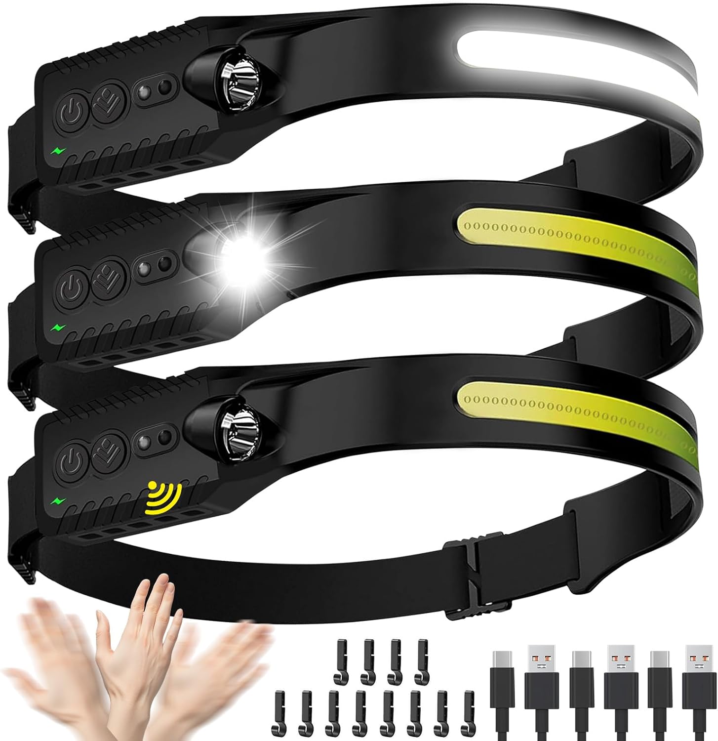 Headlamp Rechargeable (3-Pack), LED Head Lamp Flashlight, 230° Wide Beam Headband Light, 400 Lumen Super Bright, Waterproof Headlight, 5 Modes for Running, Fishing, Hiking, Camping