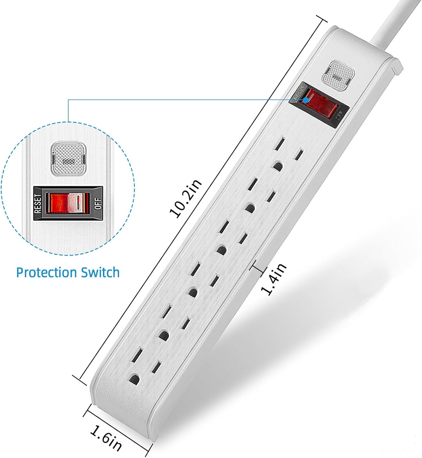 TiFFCOFiO Surge Protector Power Strip, 4 Feet Extension Cord, 600 Joules Surge Protection, Multiple Protection 6 Outlet Strip, 14 AWG Cord, 15A/1875W, ETL Listed