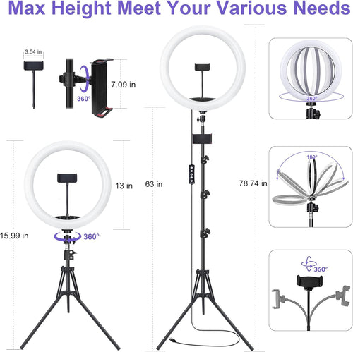 10" Selfie Ring Light with 73" Tripod Stand & 1 Phone Holder, LED Camera Ringlight with 48 RGB Colors Modes & Musical Rhythm Mode and 12 Brightness Dimmable for TikTok/Makeup/Photography/Vlog