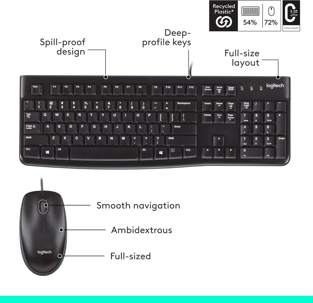 Logitech MK120 Wired Keyboard and Mouse Combo for Windows, Optical Wired Mouse, Full-Size, USB, Compatible with PC, Laptop - Black