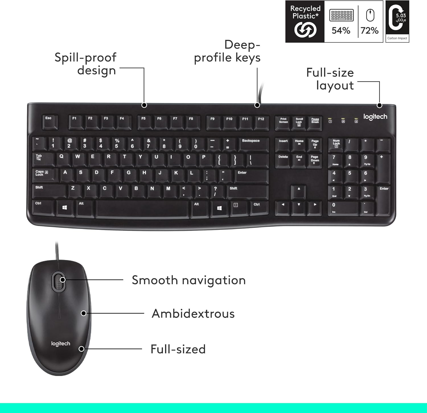 Logitech MK120 Wired Keyboard and Mouse Combo for Windows, Optical Wired Mouse, Full-Size, USB, Compatible with PC, Laptop - Black