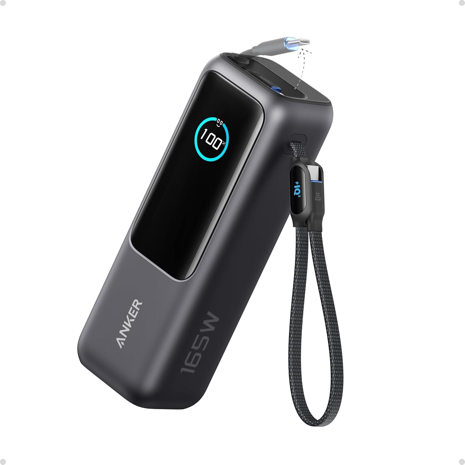 Anker Laptop Power Bank, 25,000mAh Portable Charger with Triple 100W USB-C Ports, Built-in Retractable Cables, Flight-Approved for Travel, iPhone 17/16 Series, MacBook, Samsung, and More