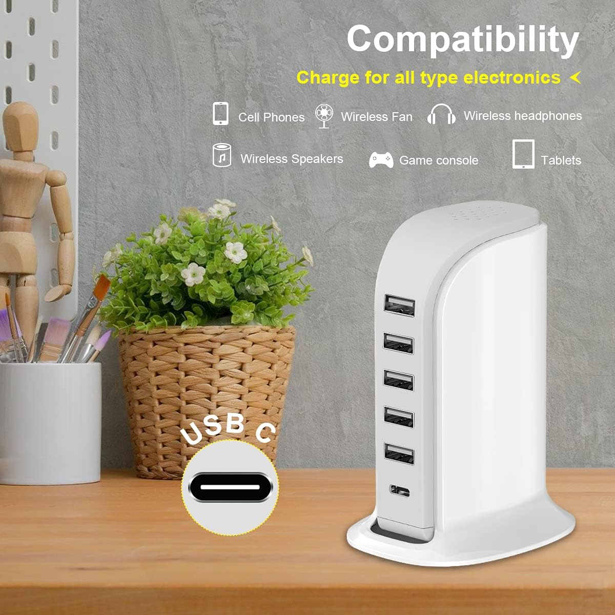 Upoy 40W Charging Station for Multiple Devices – 5 USB Port Charger Tower with Type-C, Smart IC Hub for Home & Office