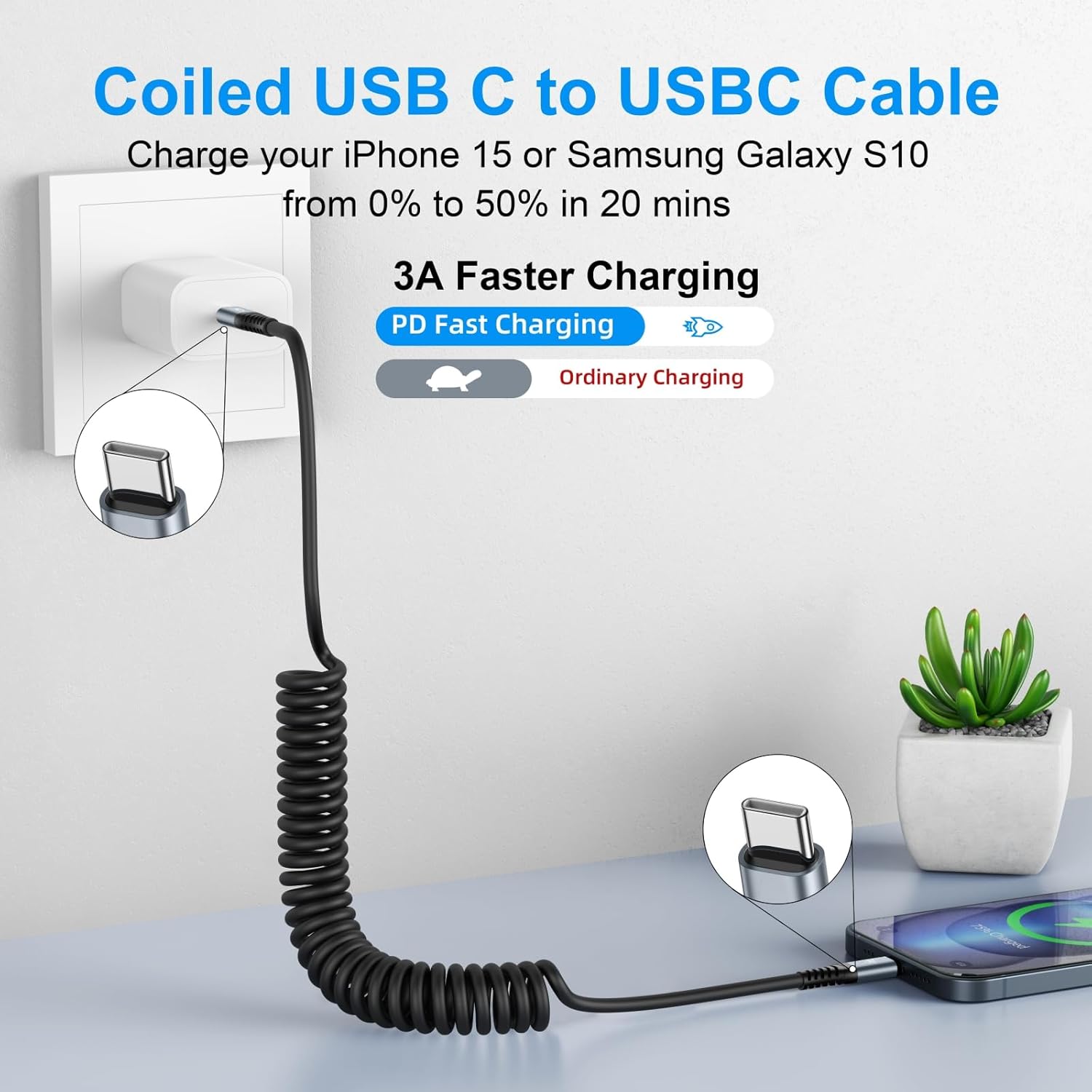 USB C to C Cable 3ft 2Pack Coiled USB C Charger Cable for Car Type C Fast Charging Cable for iPhone 17/16/15/Plus/Pro/Pro Max/Samsung Galaxy S23