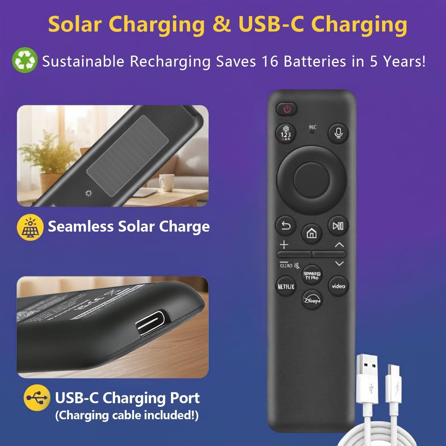 Rechargeable Voice Remote for Samsung Smart TVs, Replacement for 2019–2025 Samsung TV Remote Control with Solar Charging and Voice Search. 2-Year Warranty.