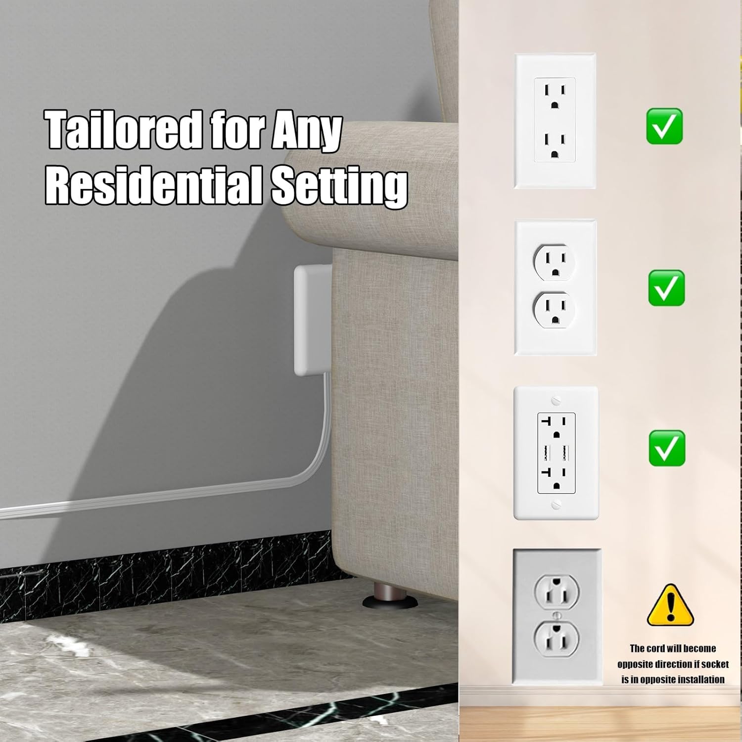 3FT Ultra Flat Plug Extension Cord Power Strip with 3 Outlets, Patented Detachable Ultra-Thin Outlet Cover Concealer & Ultra-Flat Plug, Max. 13A 125V 1625W ETL Listed, White Color