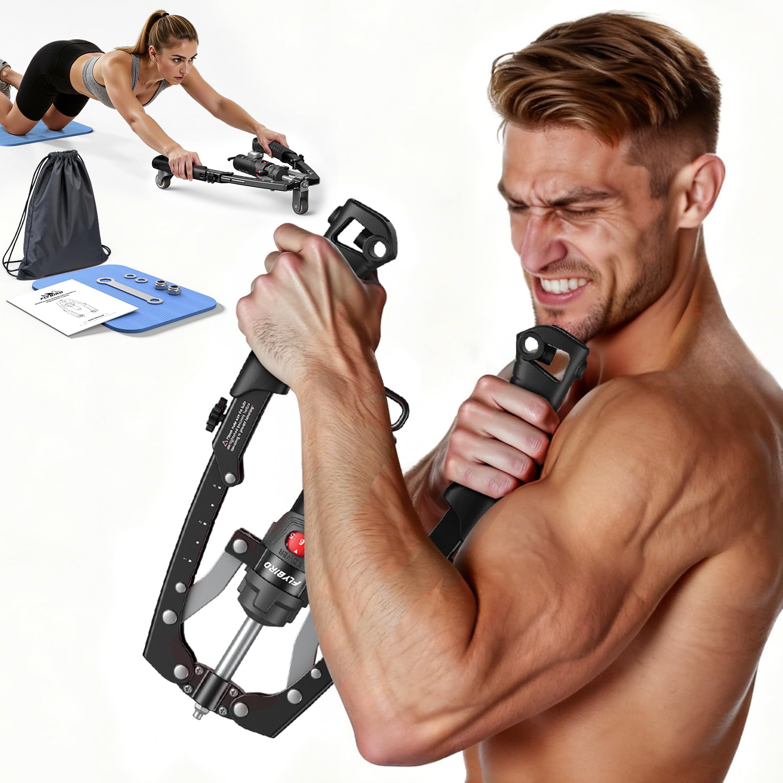 FLYBIRD Chest & Arm Twister & Core Trainer, Hydraulic Power CoreFlex Twister Chest Workout Equipment, 22-440lbs for Strength Trainer, 3-in-1 Chest Trainer with Ab Roller Wheel(Backpack &Pad Included)