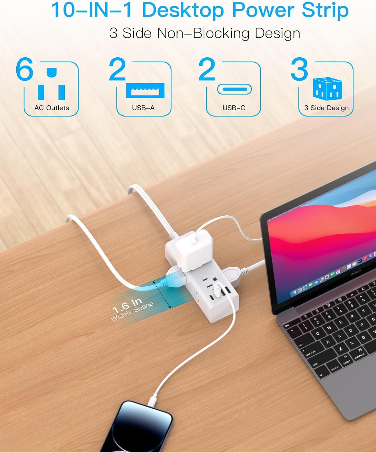 One Beat 10Ft Extension Cord with Multiple Outlets,Flat Plug Power Strip Surge Protector with 10 Ft Long Cord,6 Outlet 4 USB Ports (2USB C),Multi Outlet Wall Plug for Travel,College,Dorm Essentials