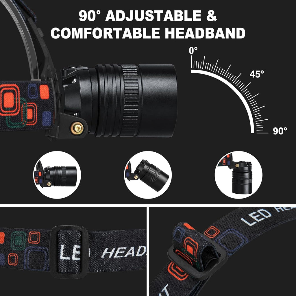 Rechargeable Headlamp 2Pack, 99000 Lumens Super Bright LED Head Lamp with 3 Modes, 90° Adjustable Head Lights for Forehead, 45H Long Runtime & IPX6 Waterproof HeadLamps for Camping Hunting Hiking