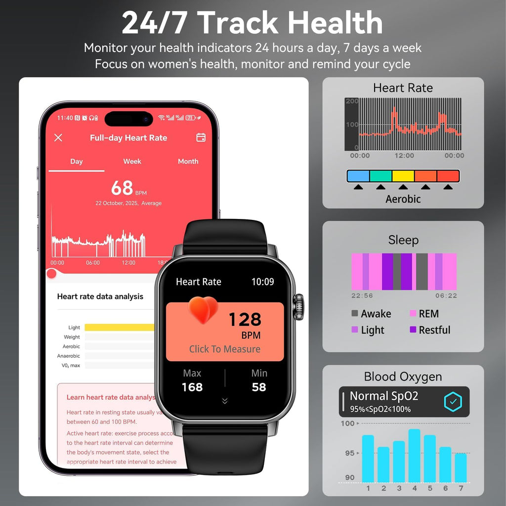 Smart Watches for Men Women, 1.83" HD Touchscreen Fitness Tracker with Bluetooth Calls, IP68 Waterproof, 120+ Sport Modes, 7-Day Battery, 24/7 Heart Rate & Sleep Monitor for iPhone Android iOS (Black)