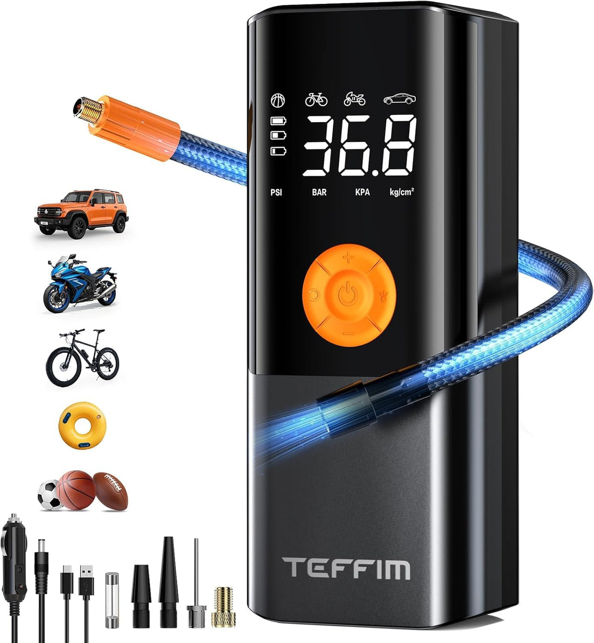 Tire Inflator Portable Air Compressor, Air Pump for Car Tires with LED Light, Cordless Tire Pump with Pressure Gauge,Tire Inflator for Car, Motorcycle, Bike