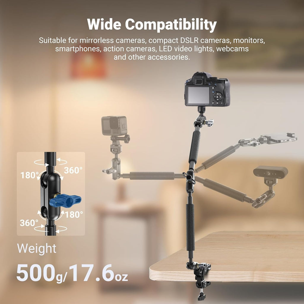 NEEWER 22" Magic Arm w Desk C Clamp, Overhead Camera Mount with Articulating Mic Boom Arm 1/4" 3/8" Threads for ARRI, Desktop Stand Holder for Phone Microphone Webcam Action Camera Video Light, UA057