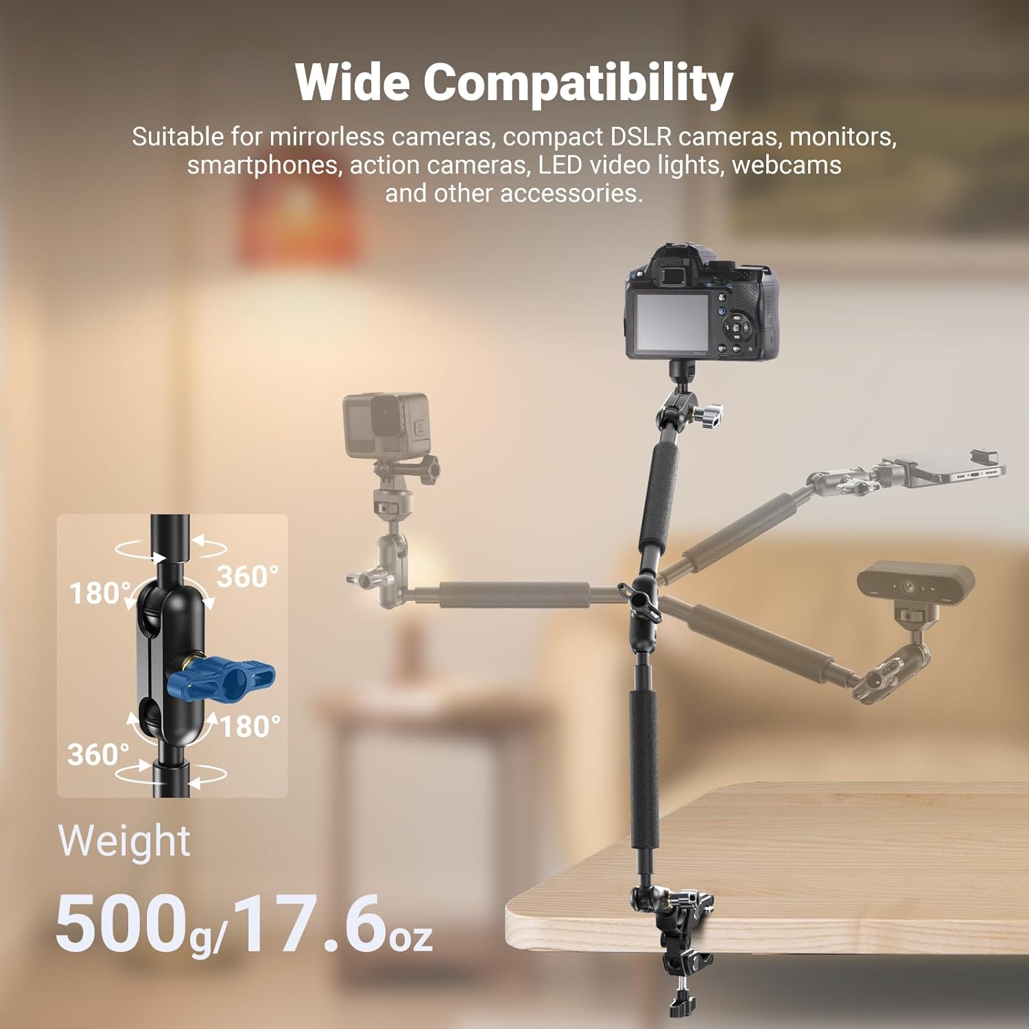NEEWER 22" Magic Arm w Desk C Clamp, Overhead Camera Mount with Articulating Mic Boom Arm 1/4" 3/8" Threads for ARRI, Desktop Stand Holder for Phone Microphone Webcam Action Camera Video Light, UA057