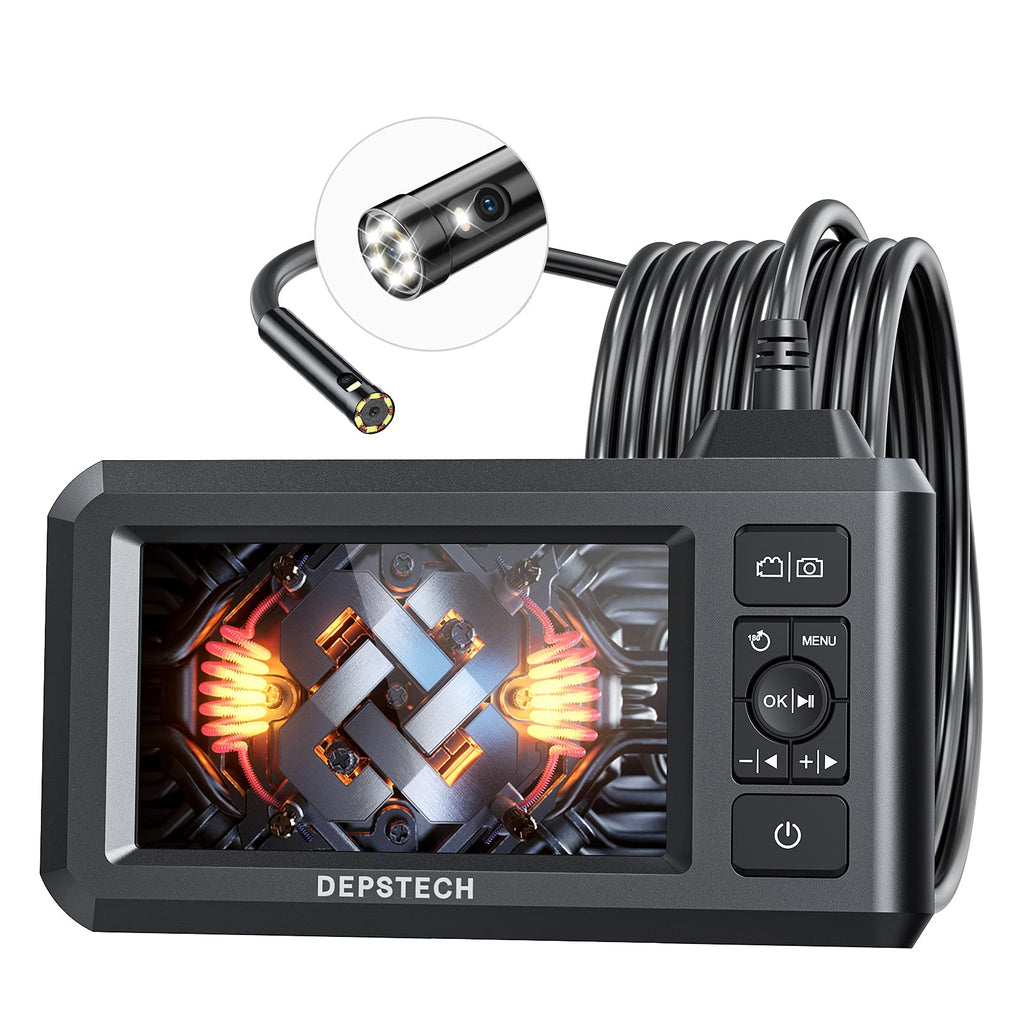 DEPSTECH Dual Lens Industrial Endoscope, 1080P Digital Borescope Inspection Camera, 7.9mm IP67 Waterproof Sewer Camera with 4.3" LCD Screen, 7 LED Lights, 16.5FT Semi-Rigid Cable, 32GB Card-Black