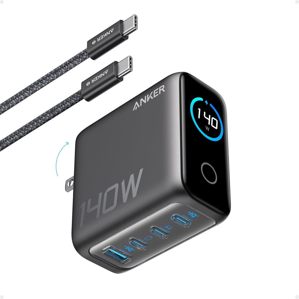 Anker Laptop Charger, 140W Max 4-Port GaN USB C Charger Block with Smart Display, Fast Charging Power Adapter, Touch Controls for MacBook, iPad, iPhone 17/16 Series (Include 5FT Cable, Non-Battery)
