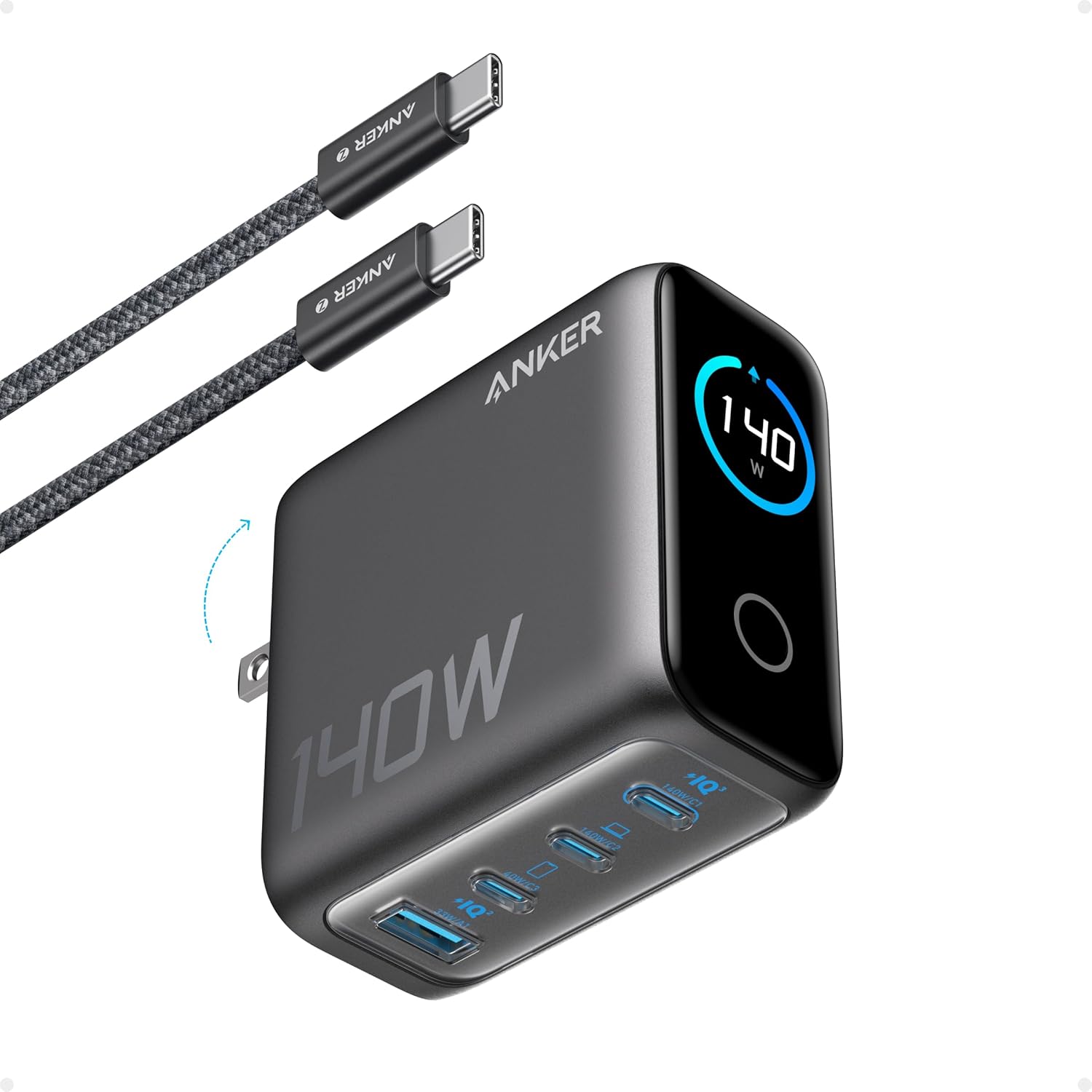 Anker Laptop Charger, 140W Max 4-Port GaN USB C Charger Block with Smart Display, Fast Charging Power Adapter, Touch Controls for MacBook, iPad, iPhone 17/16 Series (Include 5FT Cable, Non-Battery)