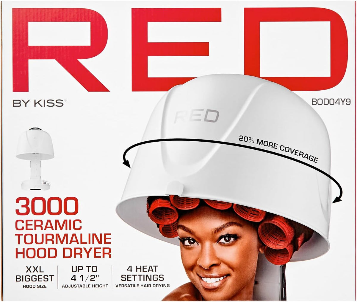 Red by Kiss 3000 Ceramic Tourmaline Professional Hood Dryer, 4 Heat Settings Blow Dryer for Home & Salon, Height Adjustable Convenient Big Hood Size Extra Coverage (1875 Wattage)