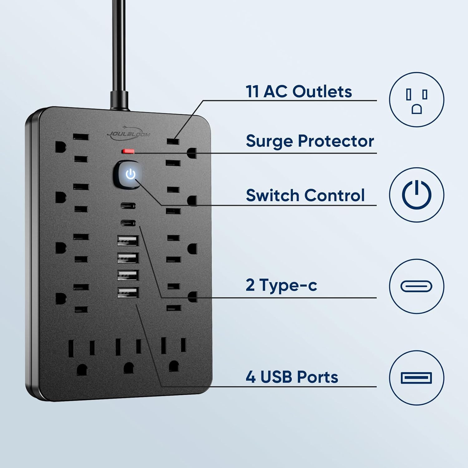 6 FT Flat Plug Surge Protector Power Strip,11 Multiple AC Outlets with 6 USB Ports (2 USB C), 6 Feet Extension Cord, 1250W/10A, One Touch Switch Button, 17 in 1 Compact powerstrip