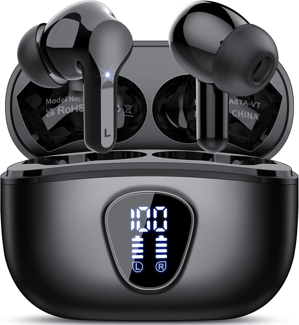 Wireless Earbuds, Bluetooth 5.4 Headphones HiFi Stereo, Bluetooth Earbuds with ENC Noise Cancelling Mic, IP7 Waterproof in Ear Earphones, 48H, LED Display Ear buds for Pad Phones Workout Sports, Black