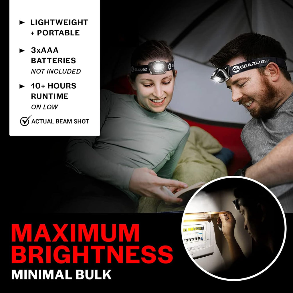 LED Headlamp 2-pack Battery Powered (AAA) | Head Lamp for Running Hunting Camping Fishing Hiking with Red Light and Adjustable Headband - Bright Forehead Headlamp 7 Modes (Batteries Not Included)