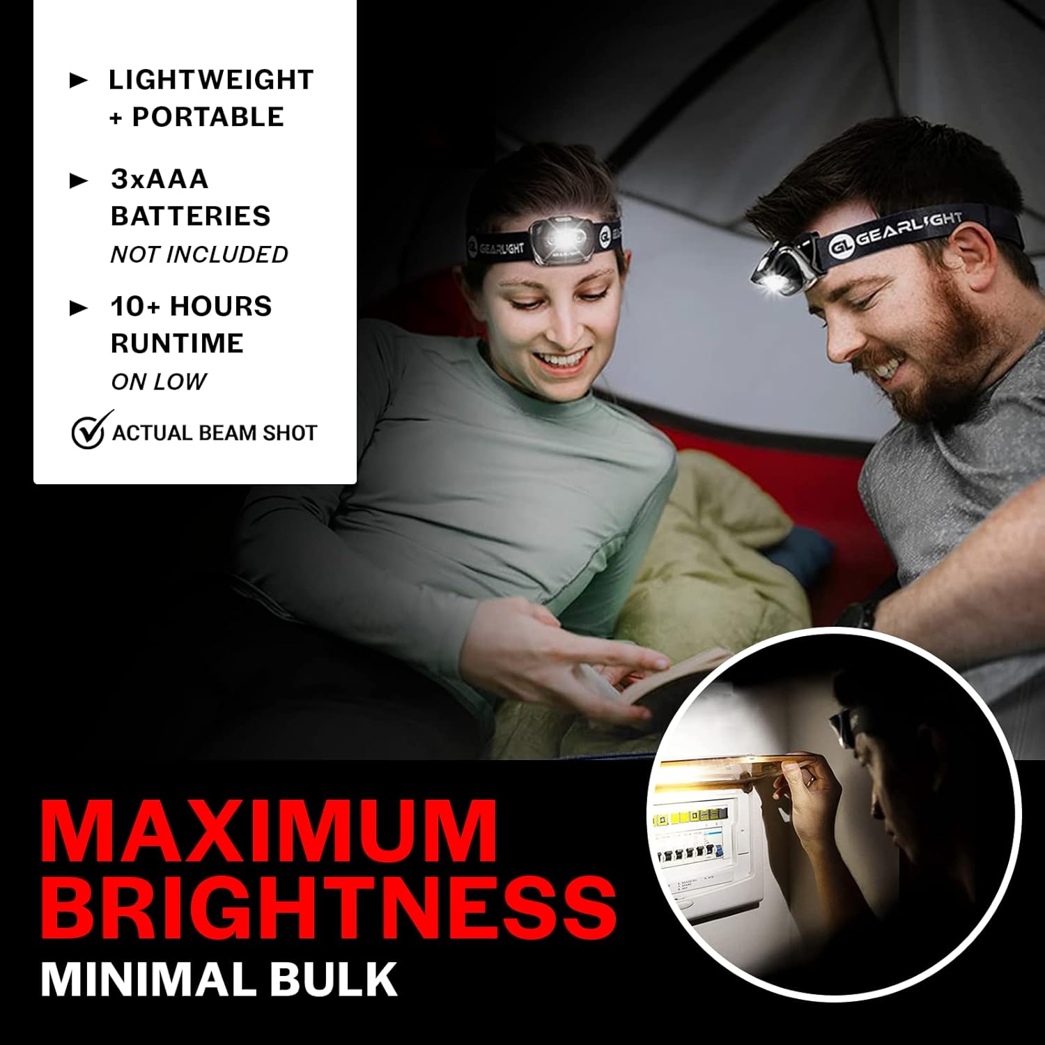 LED Headlamp 2-pack Battery Powered (AAA) | Head Lamp for Running Hunting Camping Fishing Hiking with Red Light and Adjustable Headband - Bright Forehead Headlamp 7 Modes (Batteries Not Included)