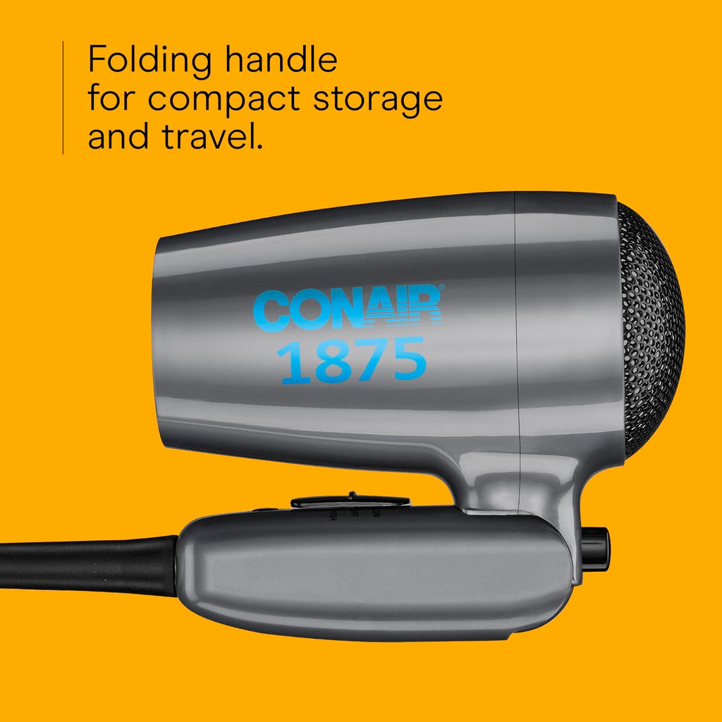 Conair Travel Hair Dryer with Dual Voltage, 1875W Compact Blow Dryer with Folding Handle, Gray