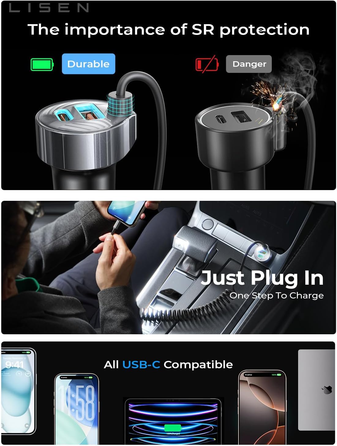 LISEN 90W for iPhone 17 16 15 Pro Max Car Charger USB C Fast Charge,Super Fast for iPhone 15 16 17 Pro Car Charger Type C Adapter for iPhone 17 16 15 Air ProMax Plus,Samsung Galaxy S25,Pixel, Android