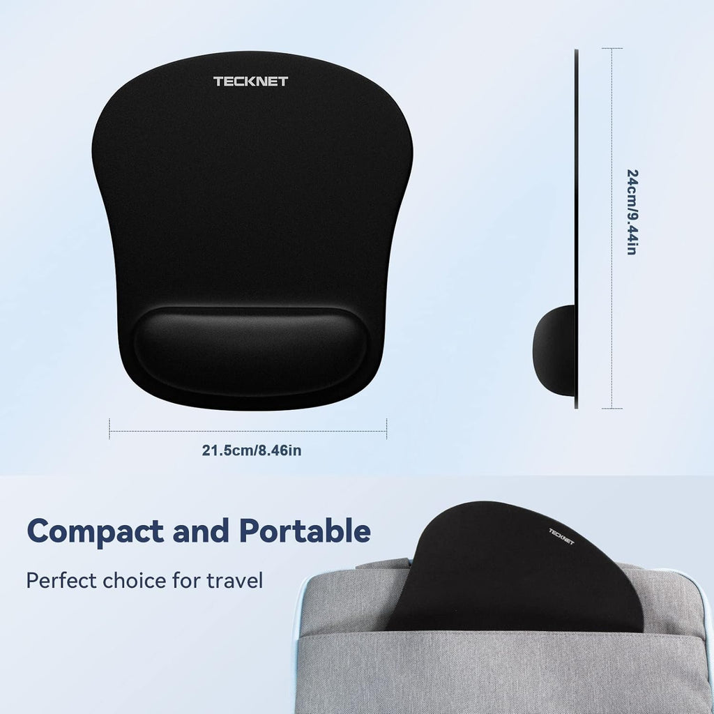 TECKNET Mouse Pad with Wrist Support, Ergonomic Gaming Mouse Pad Pain Relief, Portable Comfortable Mousepad for Computer, Laptop, Office, Home and Travel, Non-Slip Base, Waterproof Surface, Black