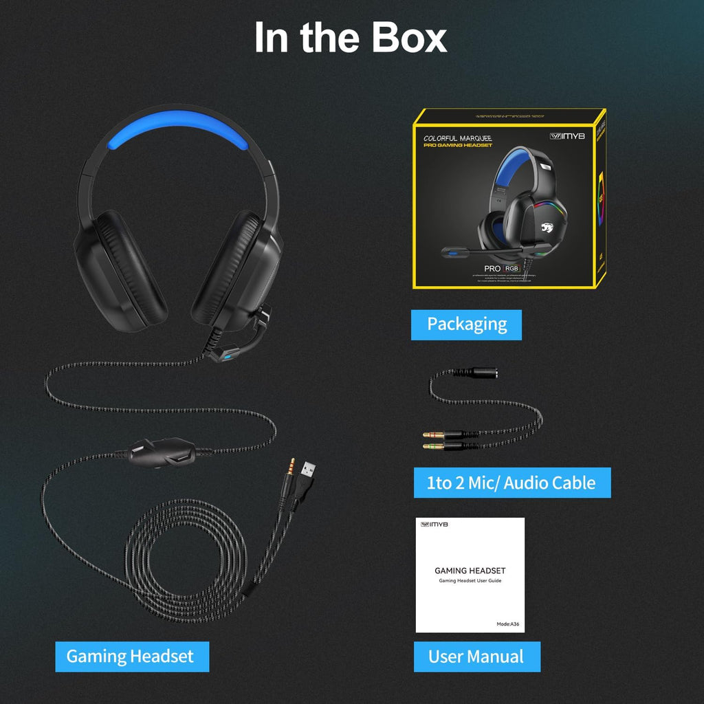 IMYB A36 Gaming Headset with Microphone for Pc, Xbox One Series X/s, Ps4, Ps5, Switch, Stereo Wired Noise Cancelling Over-Ear Headphones with Mic for Computer, Laptop, Mac, Nintendo, Gamer (Blue)